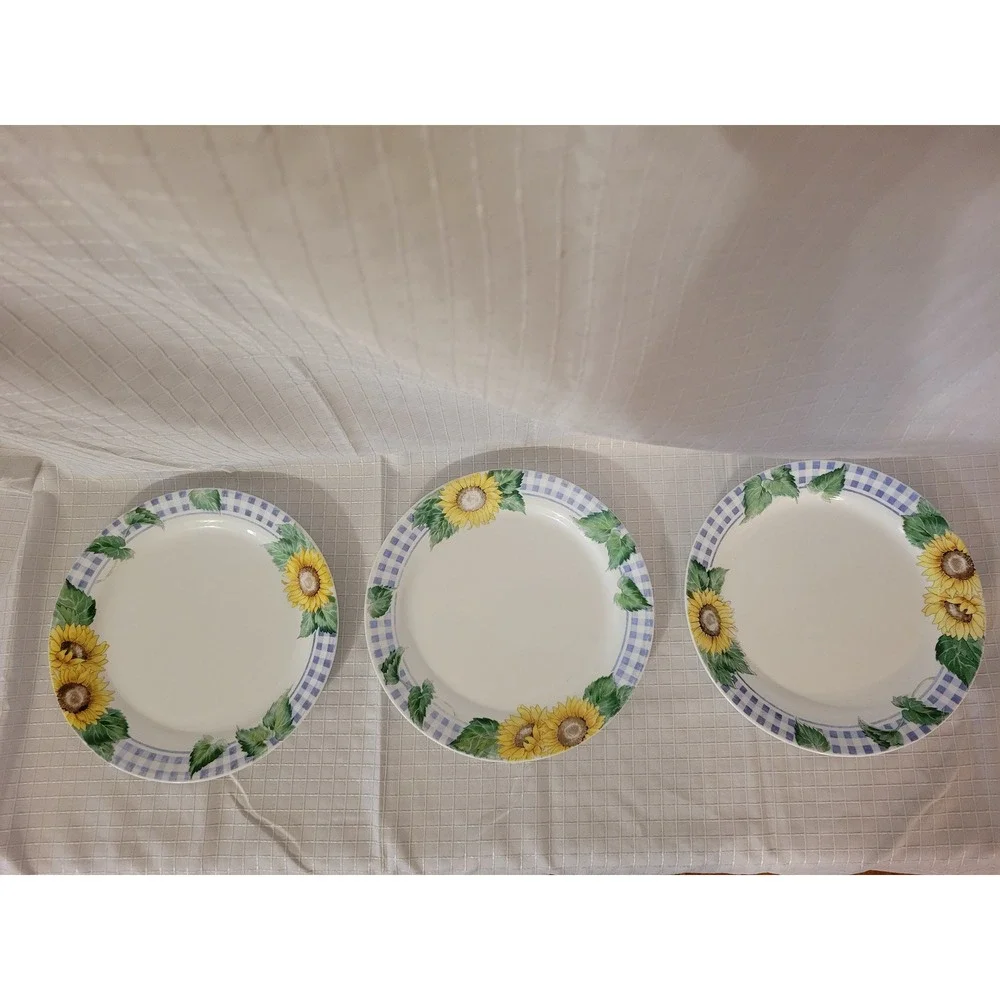 Corelle Sunny Day Sunflower Dinner Plates Set of 3 Blue Gingham Check 10.25